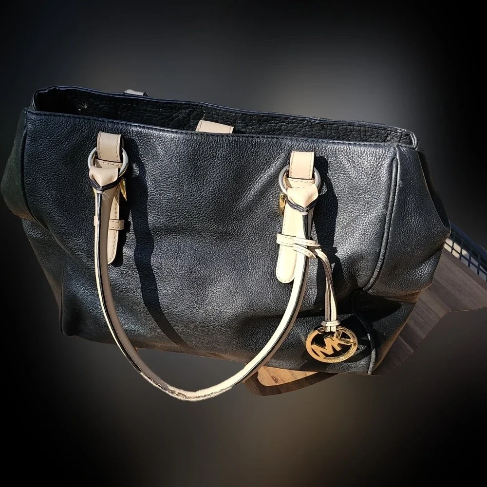 Michael Kors Black and Tan Large Leather Tote with Gold Accents